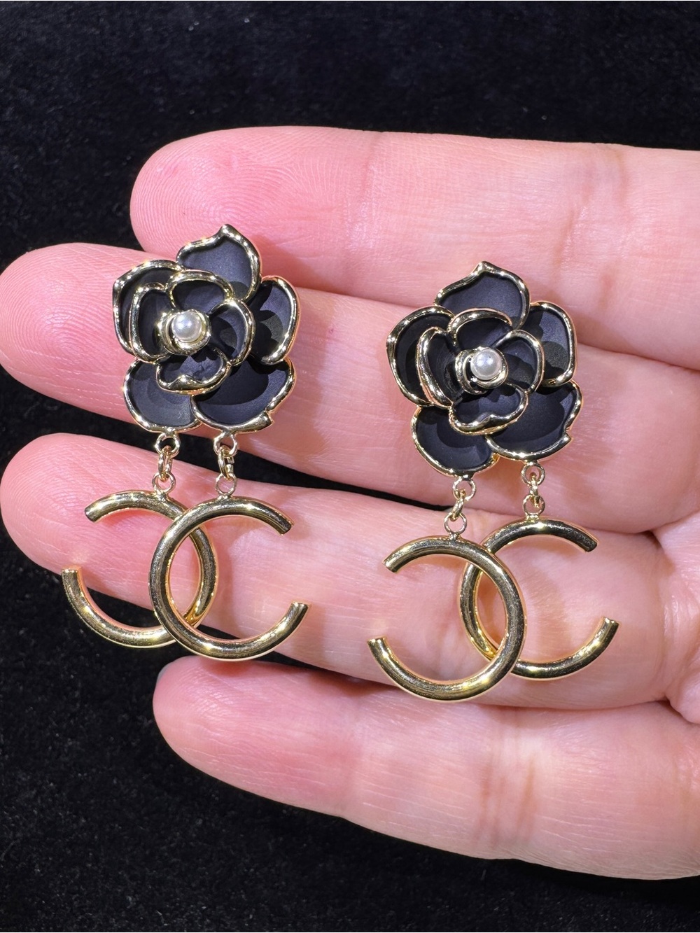 S925 Posts Black Camellia Pearl Drop Earrings